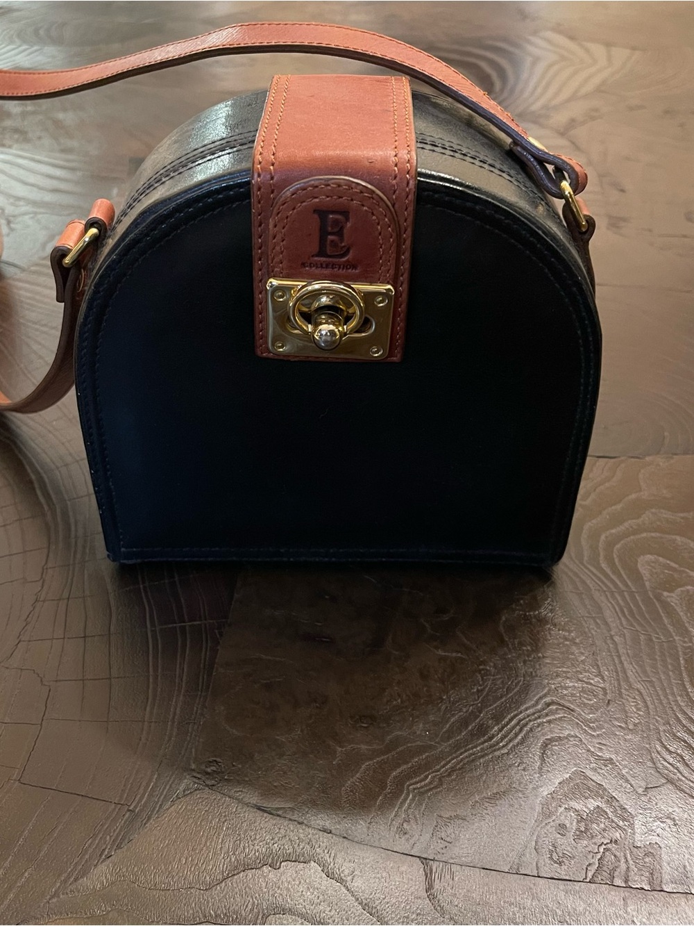 Vintage Black Crossbody Bag with Tan Strap